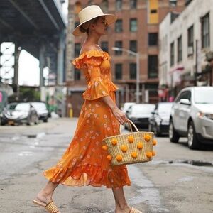 Topshop Orange Ruffled Off-Shoulder Midi Dress